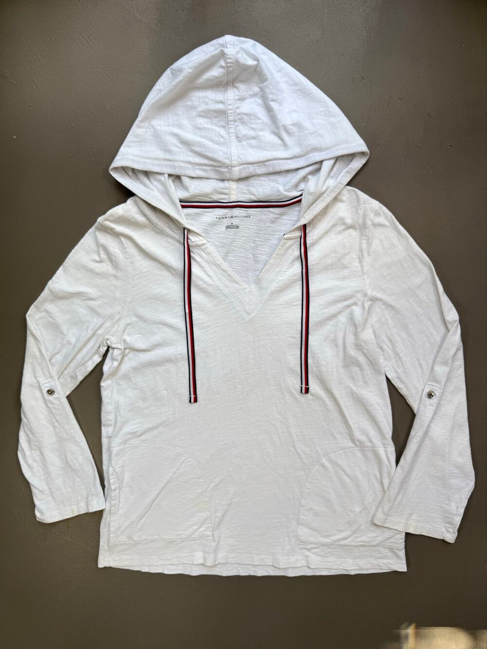 Tommy Hilfiger White Hooded V Neck Long Sleeve Top Medium Coastal Preppy